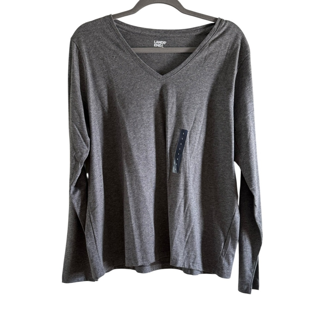 LANDS END Relaxed Cotton V-Neck Long Sleeve Shirt Grey Large